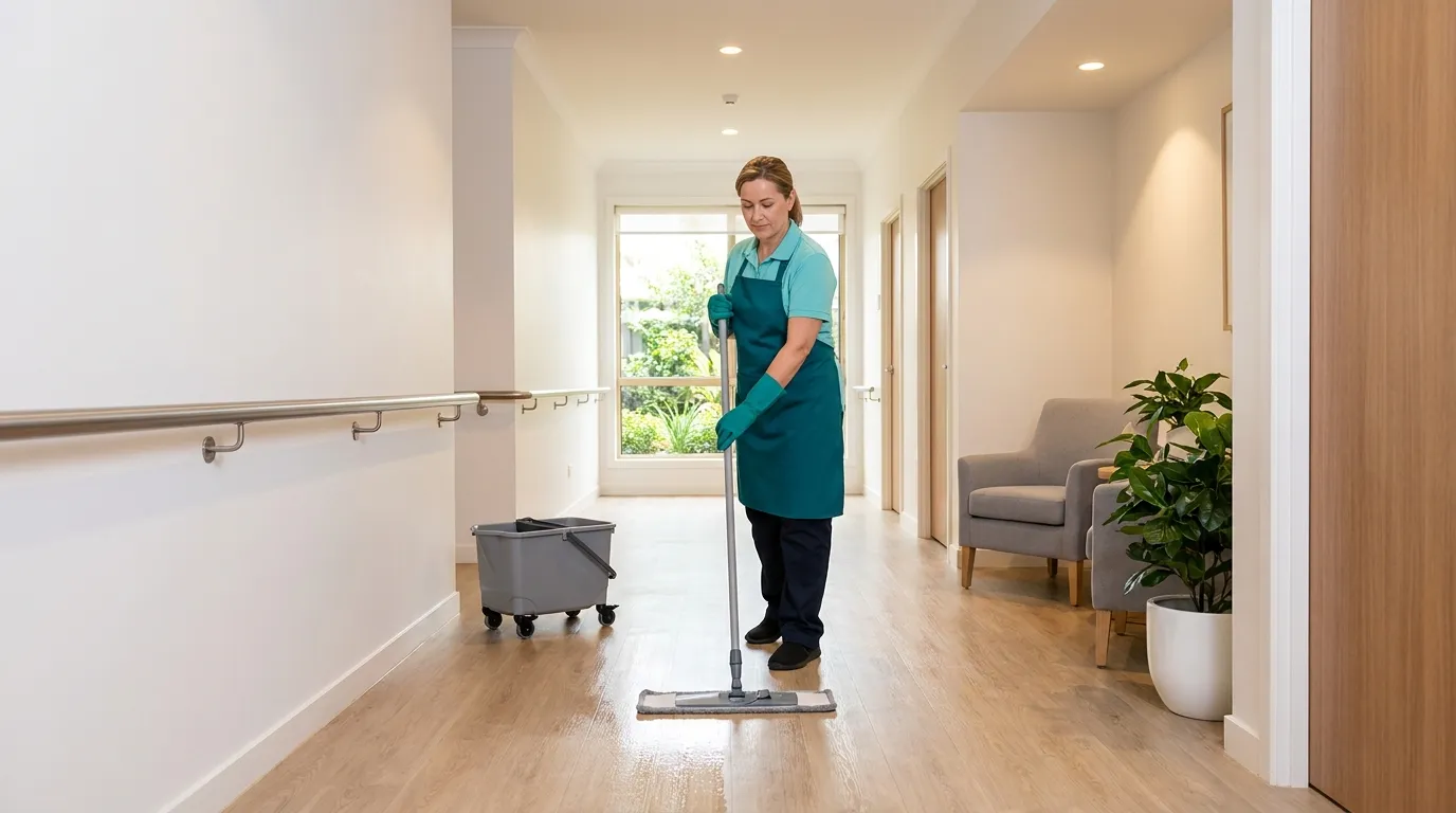 A cleaner mopping the vinyl floor of a bright retirement village corridor, leaving a clear path to walk past her
