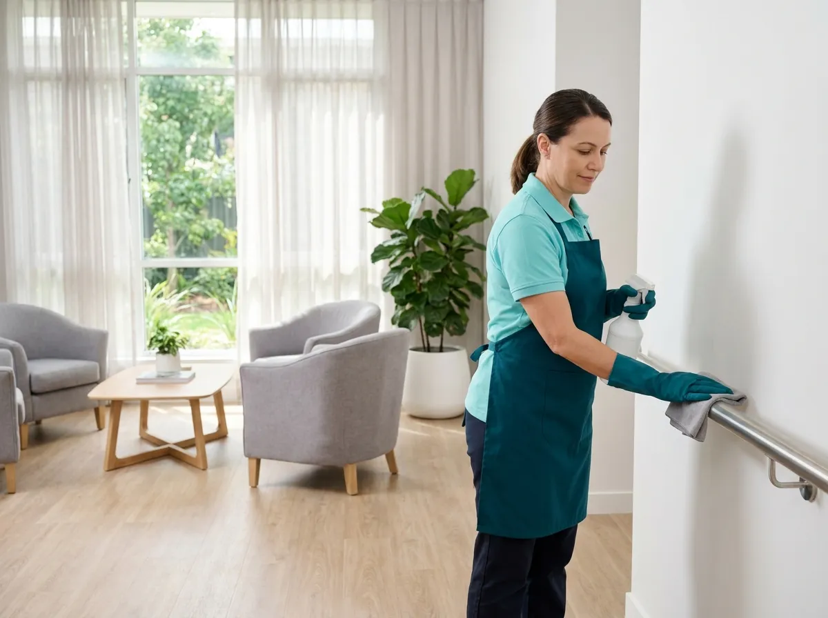 A cleaner wiping down a brushed-metal handrail at the edge of a bright communal lounge in a retirement village
