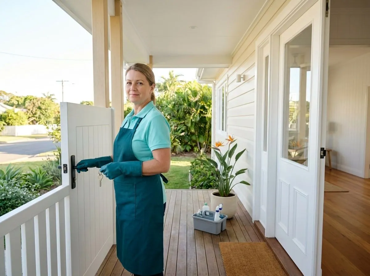 A cleaner in an aqua polo arriving at the front door of a holiday cottage with a set of keys and a caddy