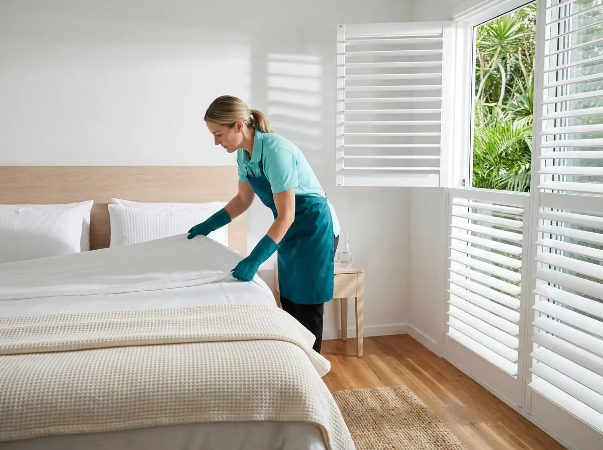 A cleaner making up a bed with fresh white linen in a bright coastal bedroom, hospital corners half-done