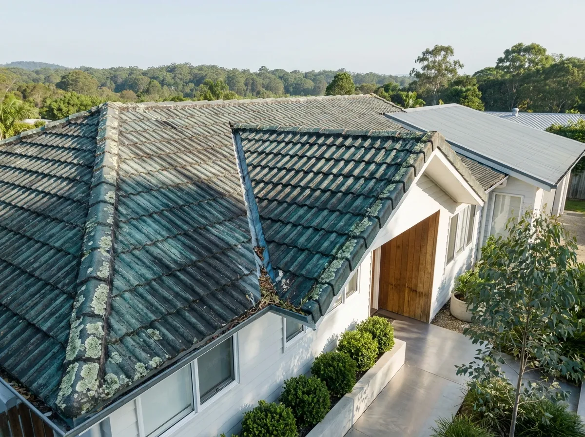 A concrete tiled roof heavily streaked with black algae and blotched with pale green lichen, worst on the shaded side and in the valley