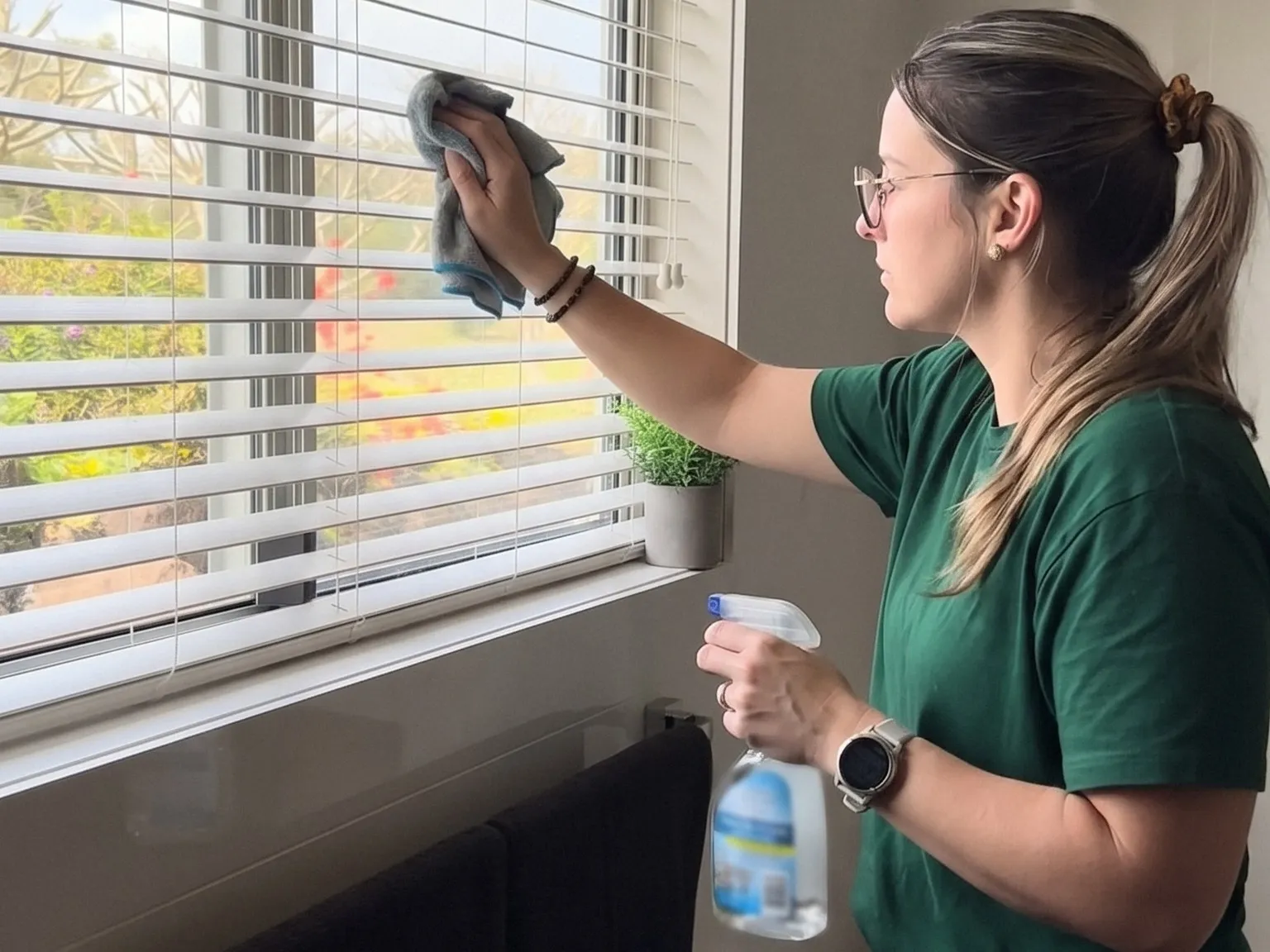 A cleaner wiping down a venetian blind as part of a regular house clean