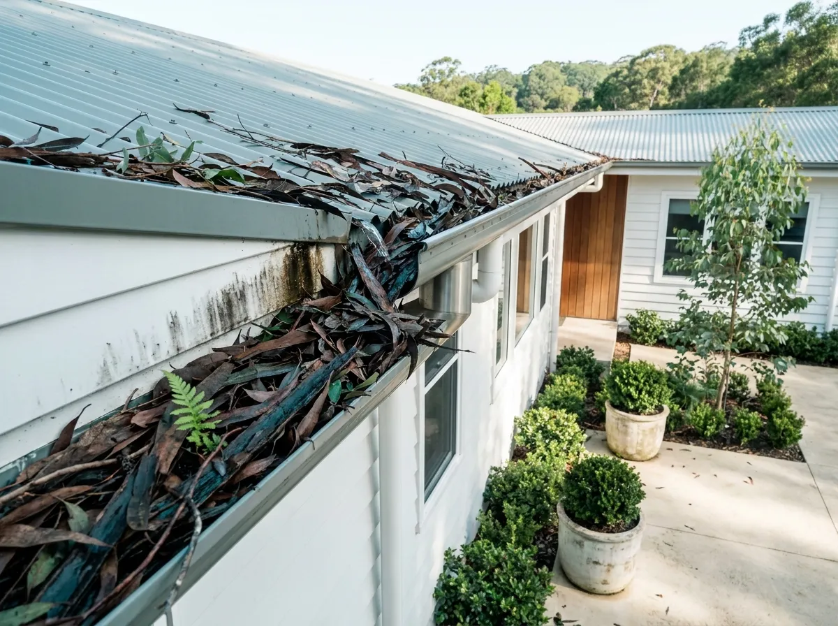 A blocked house gutter packed with damp brown eucalypt leaves, bark and twigs, with a small seedling growing out of the debris and a stain running down the wall below