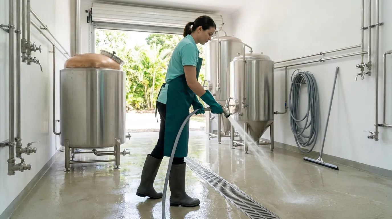 A cleaner in gumboots hosing down the concrete floor of a small craft brewery brew deck, the stainless tanks clean behind her