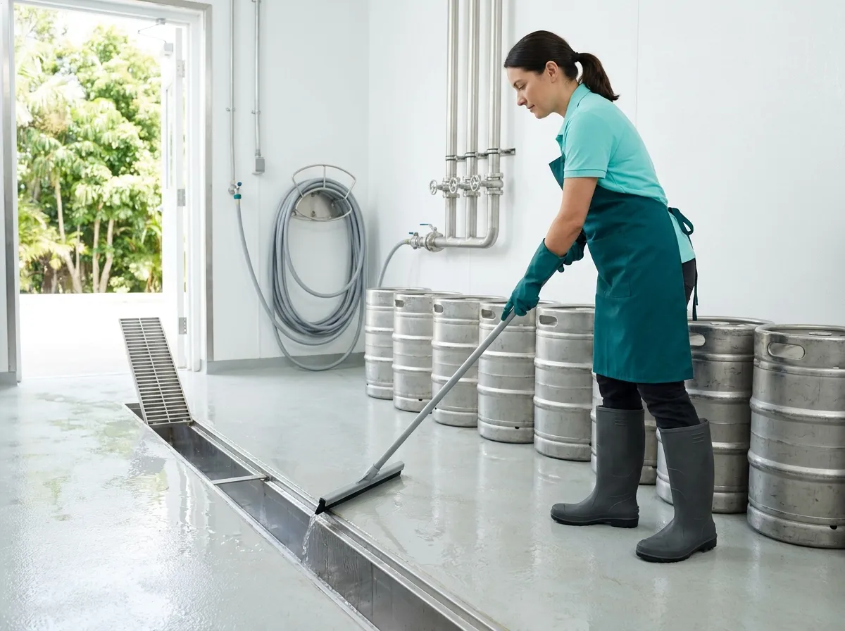 A cleaner squeegeeing water towards a stainless trench drain beside a row of clean stainless kegs in a brewery cellar