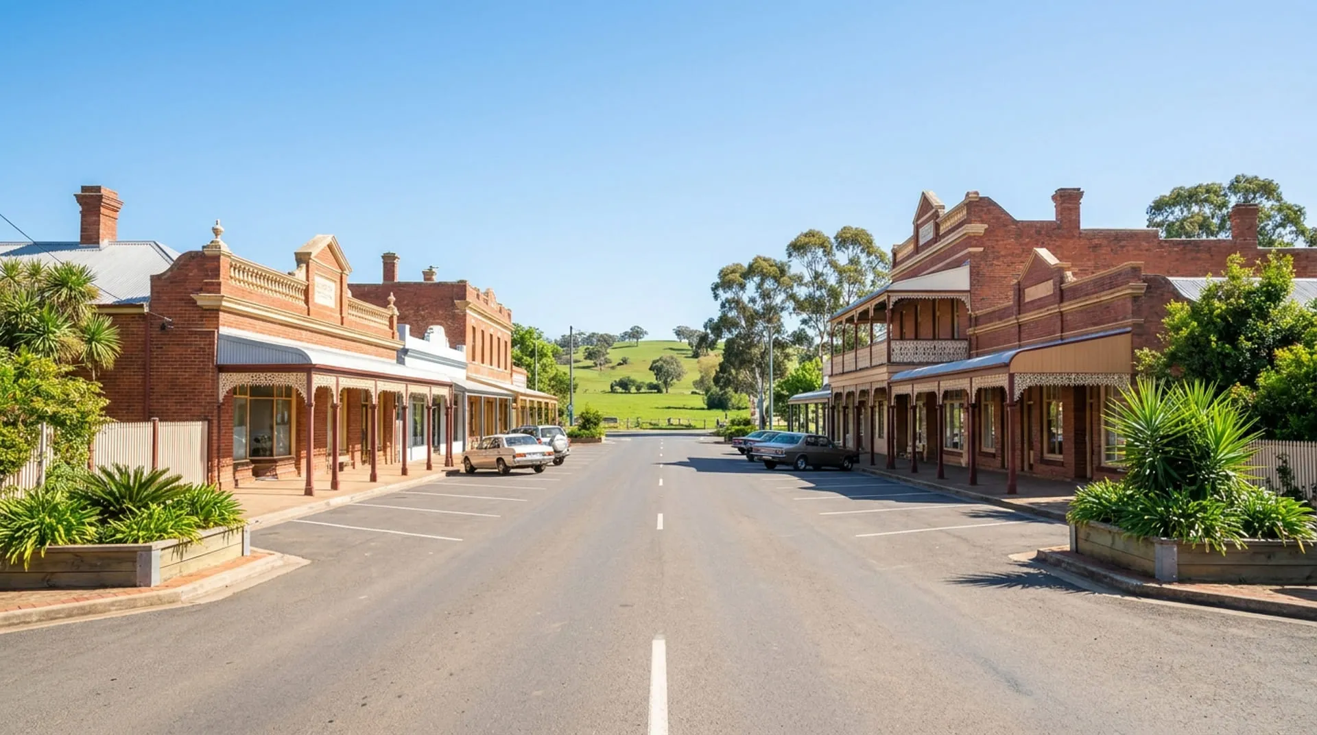 A broad country-town main street lined with two-storey verandahed brick buildings