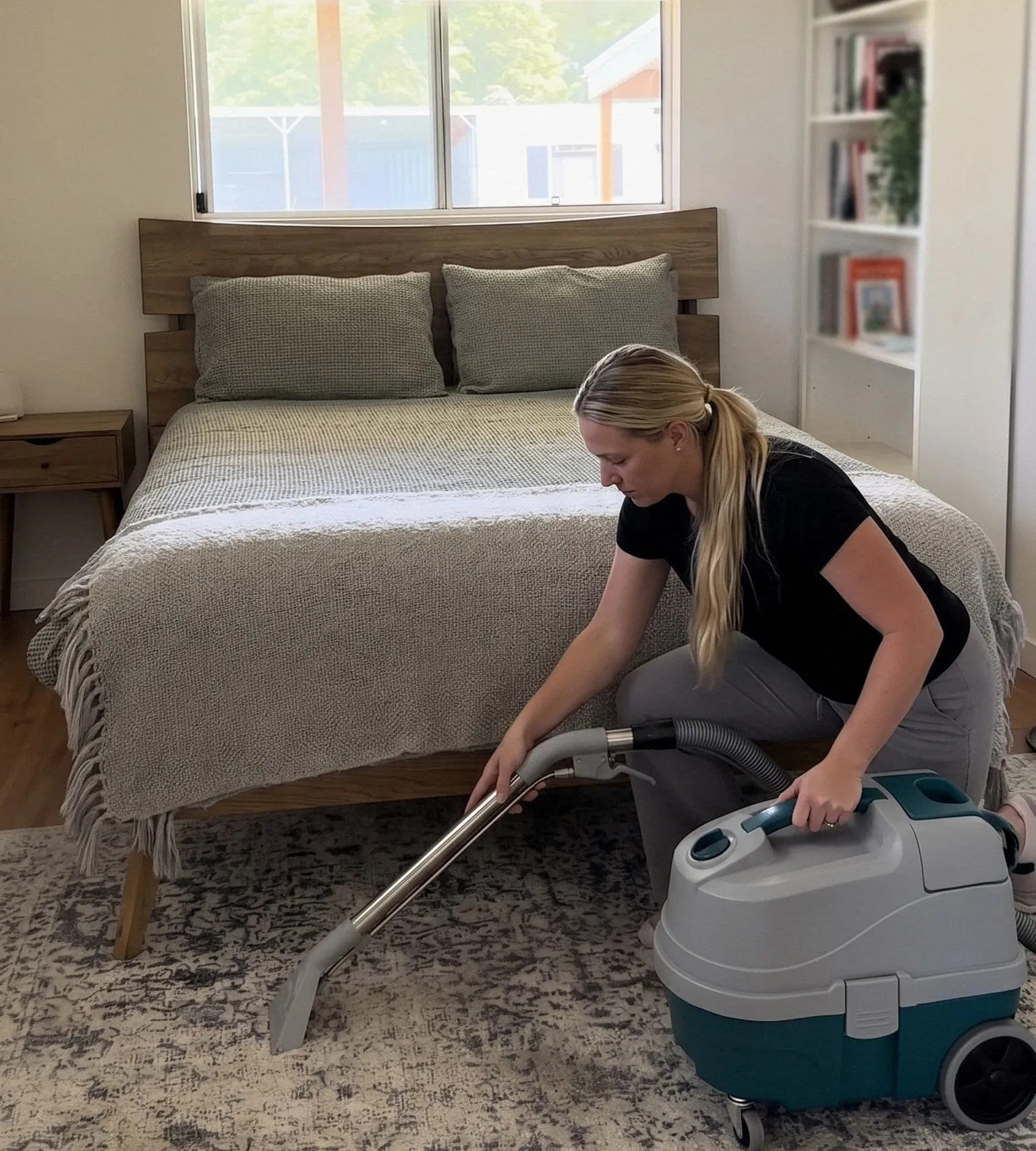 A cleaner kneeling beside a bed to run a carpet extraction wand across a rug