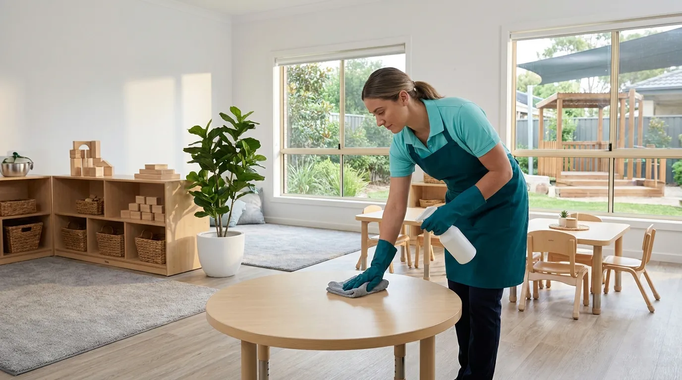 A cleaner wiping down a low round table in a bright, tidy childcare playroom after the last pickup of the day