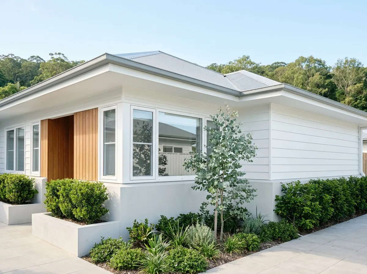 The freshly washed white weatherboard wall and eaves of a home, the boards bright and even, the window frames and sills clean, no cobwebs in the soffit
