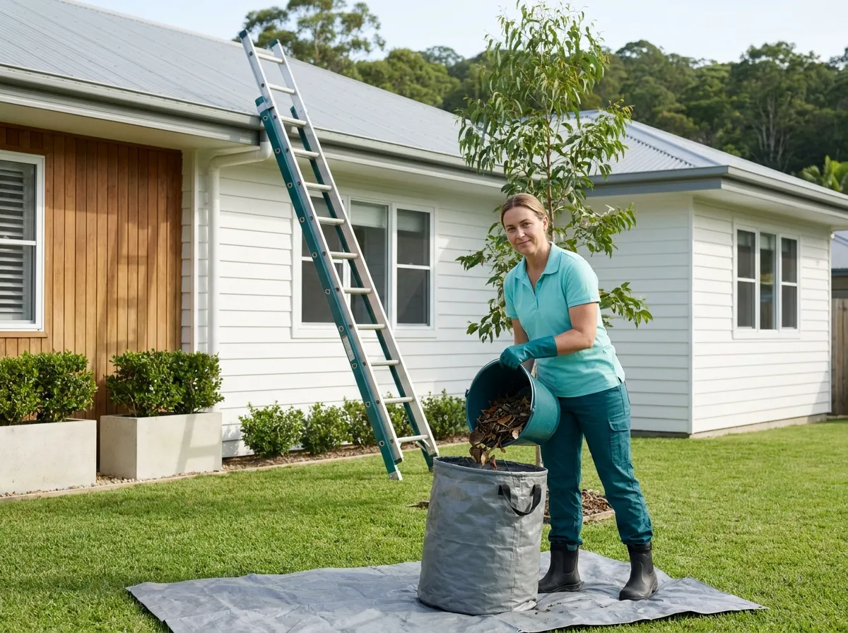 A cleaner in uniform on the lawn tipping a teal bucket of damp leaf litter into a grey garden bag on a tarpaulin, with a ladder against the roof edge behind her