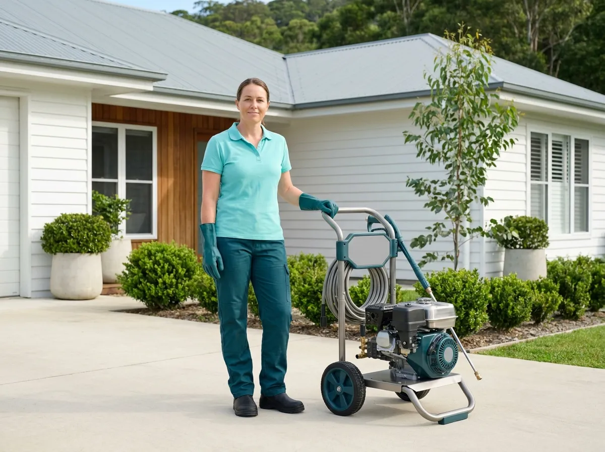 A cleaner in uniform standing beside her pressure washer on a home driveway, turning to the camera with a friendly expression