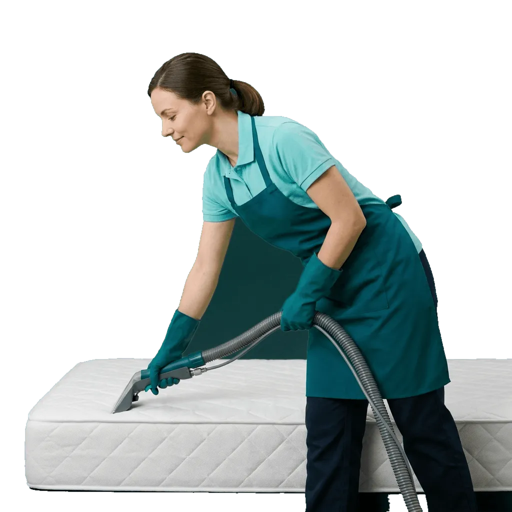A TLB cleaner in an aqua polo, dark teal apron and teal gloves drawing a hand-held upholstery tool across a bare mattress