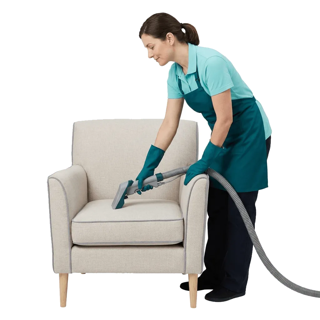 A TLB cleaner in an aqua polo, dark teal apron and teal gloves cleaning the seat cushion of a pale linen armchair with a hand-held upholstery tool
