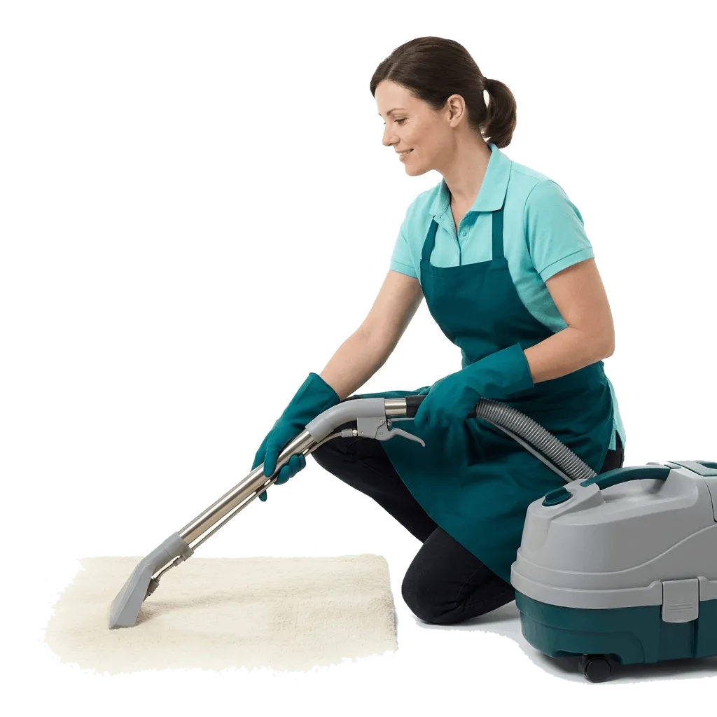 A cleaner in an aqua polo and teal gloves kneeling to draw a carpet extraction wand across a pale wool rug