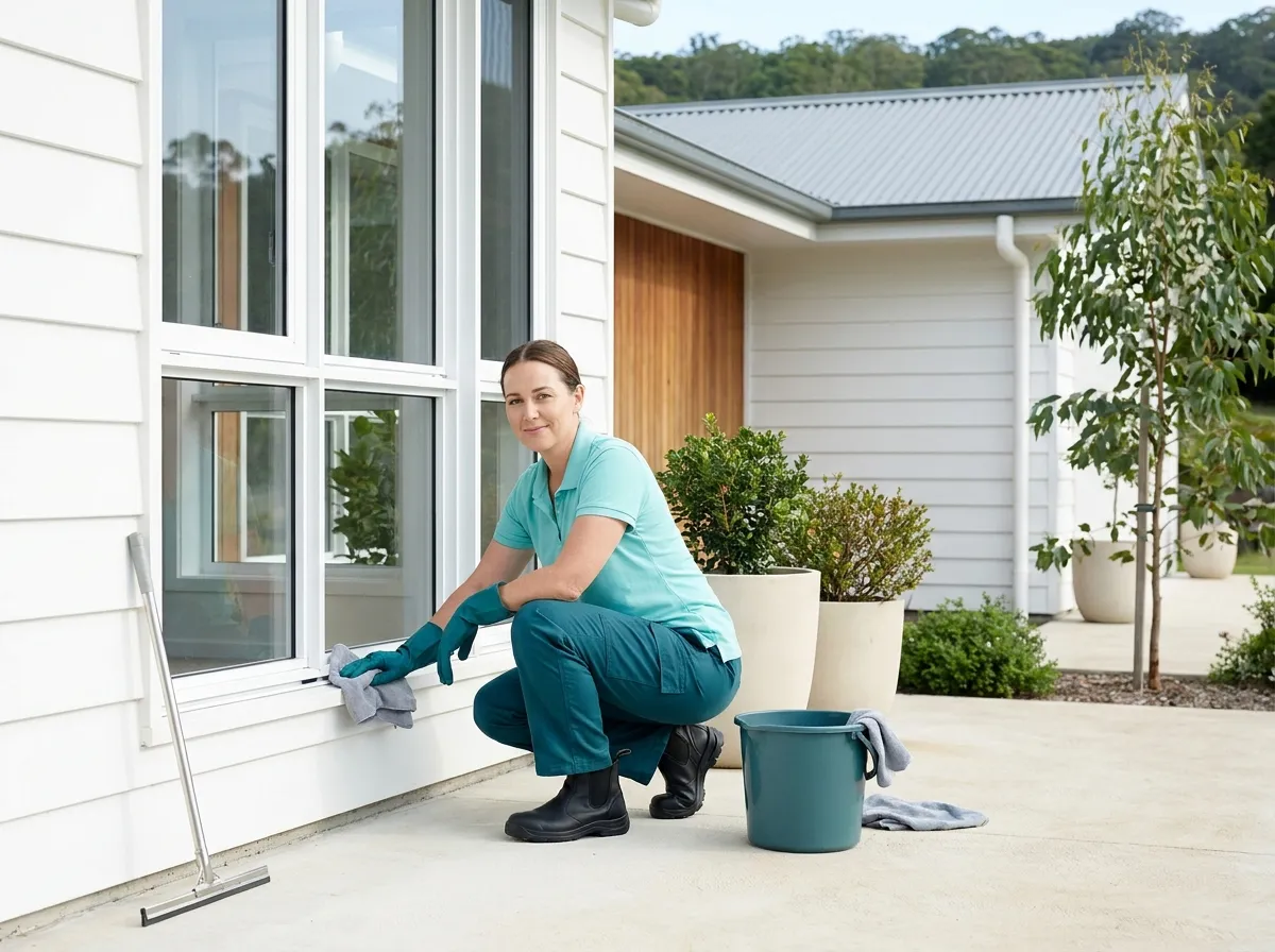 A cleaner in uniform crouched at the base of a window wiping the frame and sill track, turning to the camera with a friendly expression