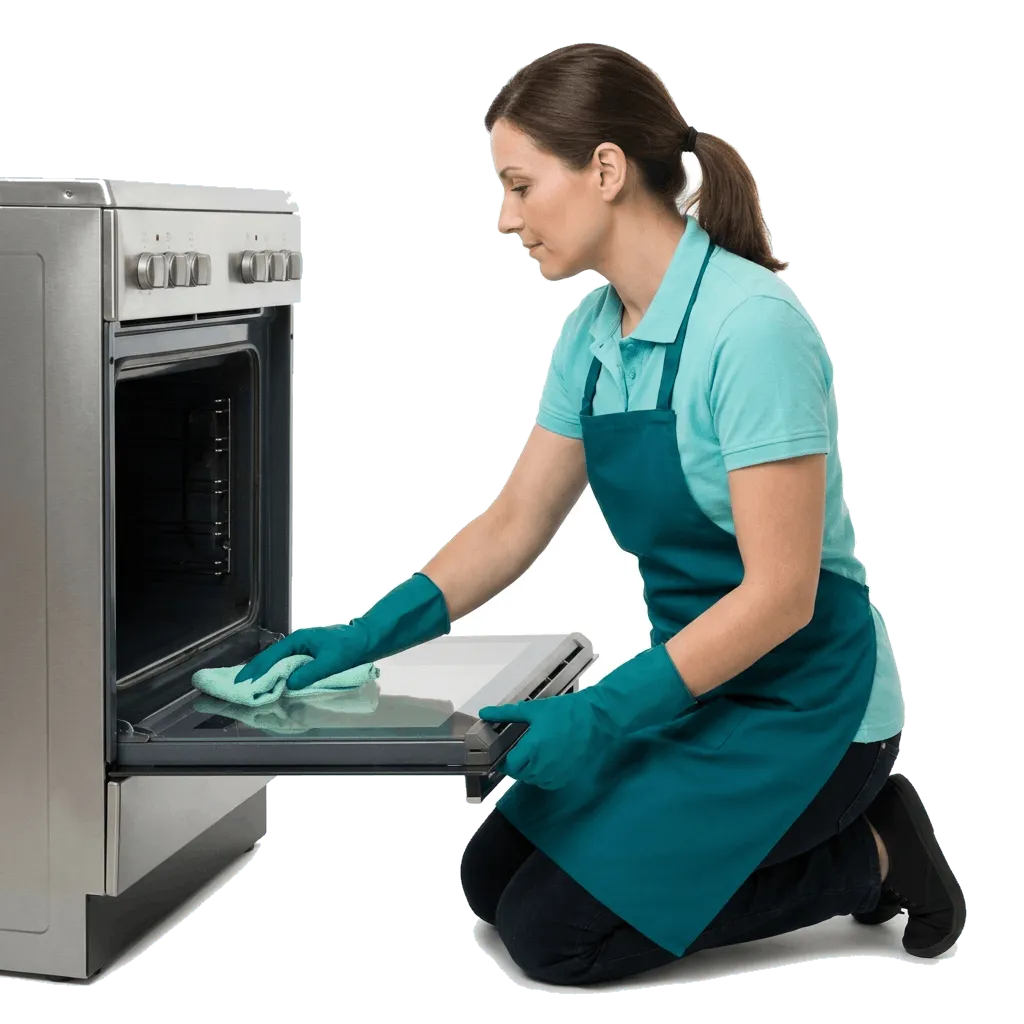 A TLB cleaner in an aqua polo, dark teal apron and teal gloves kneeling to wipe out the inside of an open oven door