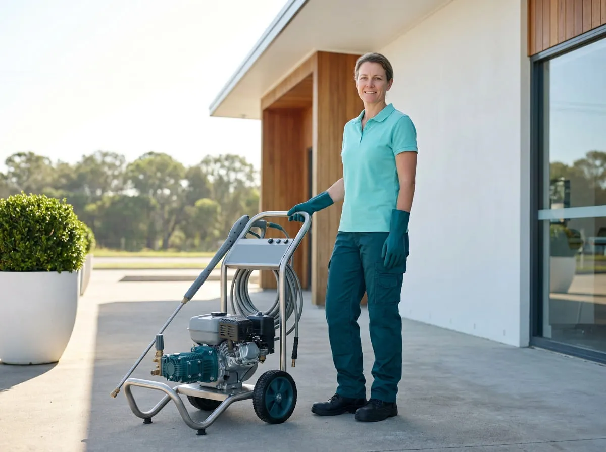 A cleaner in uniform standing beside her pressure washer on a commercial forecourt, turning to the camera with a friendly expression