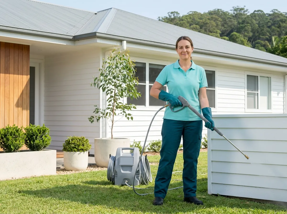 A cleaner in uniform standing on the lawn beside a washed house wall holding a low pressure soft wash lance, turning to the camera with a friendly expression