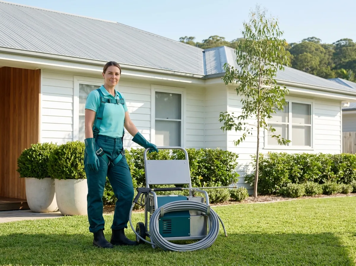 A cleaner in uniform standing on the lawn beside a low pressure soft wash unit with a teal harness over her shoulder, turning to the camera with a friendly expression