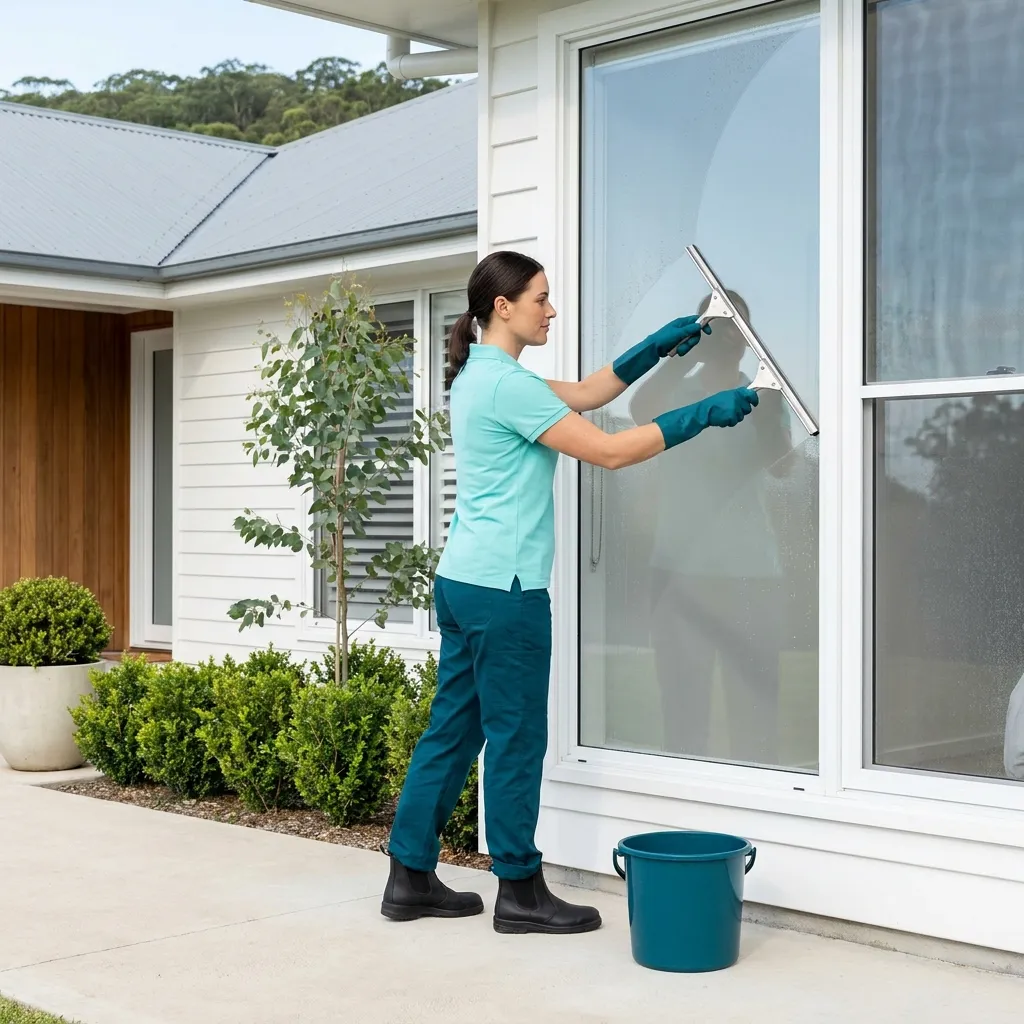 A cleaner in an aqua polo and teal gloves squeegeeing a large window from outside a white weatherboard home, the finished glass clear and reflecting the garden