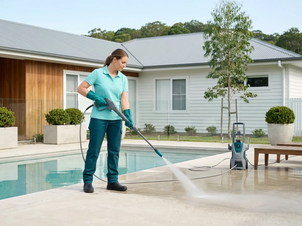A cleaner pressure washing the paved surround of a backyard swimming pool at a home, the cleaned stone pale and wet, the pool still and reflecting the sky