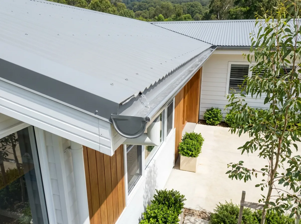 A completely clear house gutter, the bare metal channel empty and swept, with clean water running freely into an unblocked downpipe