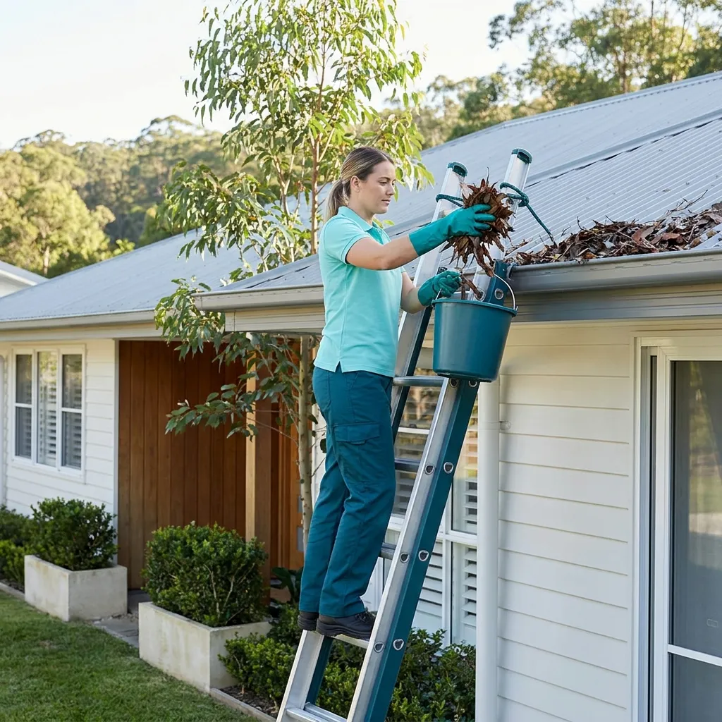 A cleaner in an aqua polo and teal gloves on a footed extension ladder lifting damp eucalypt leaf litter out of a house gutter into a teal bucket