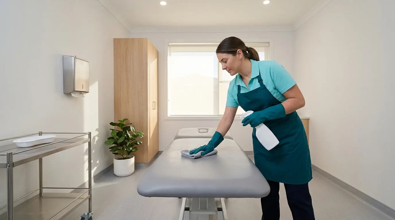 A cleaner disinfecting the vinyl upholstery of a treatment bed in a bright allied health treatment room