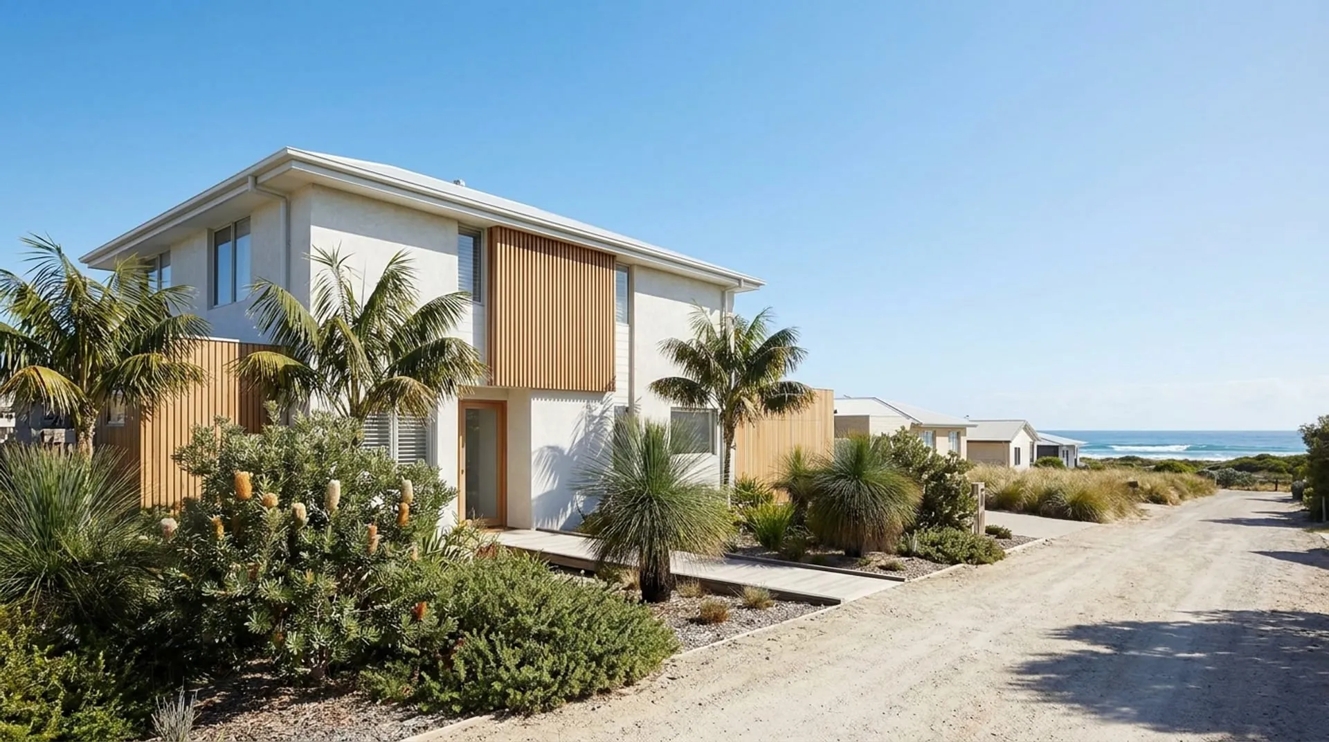 A modern coastal home on a quiet beachside street, with the ocean beyond