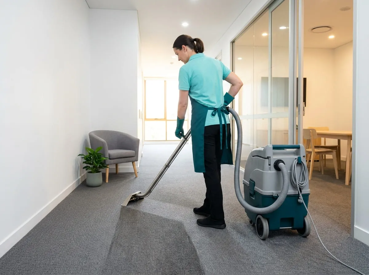 A cleaner drawing a carpet extraction wand along an office corridor between workstation banks