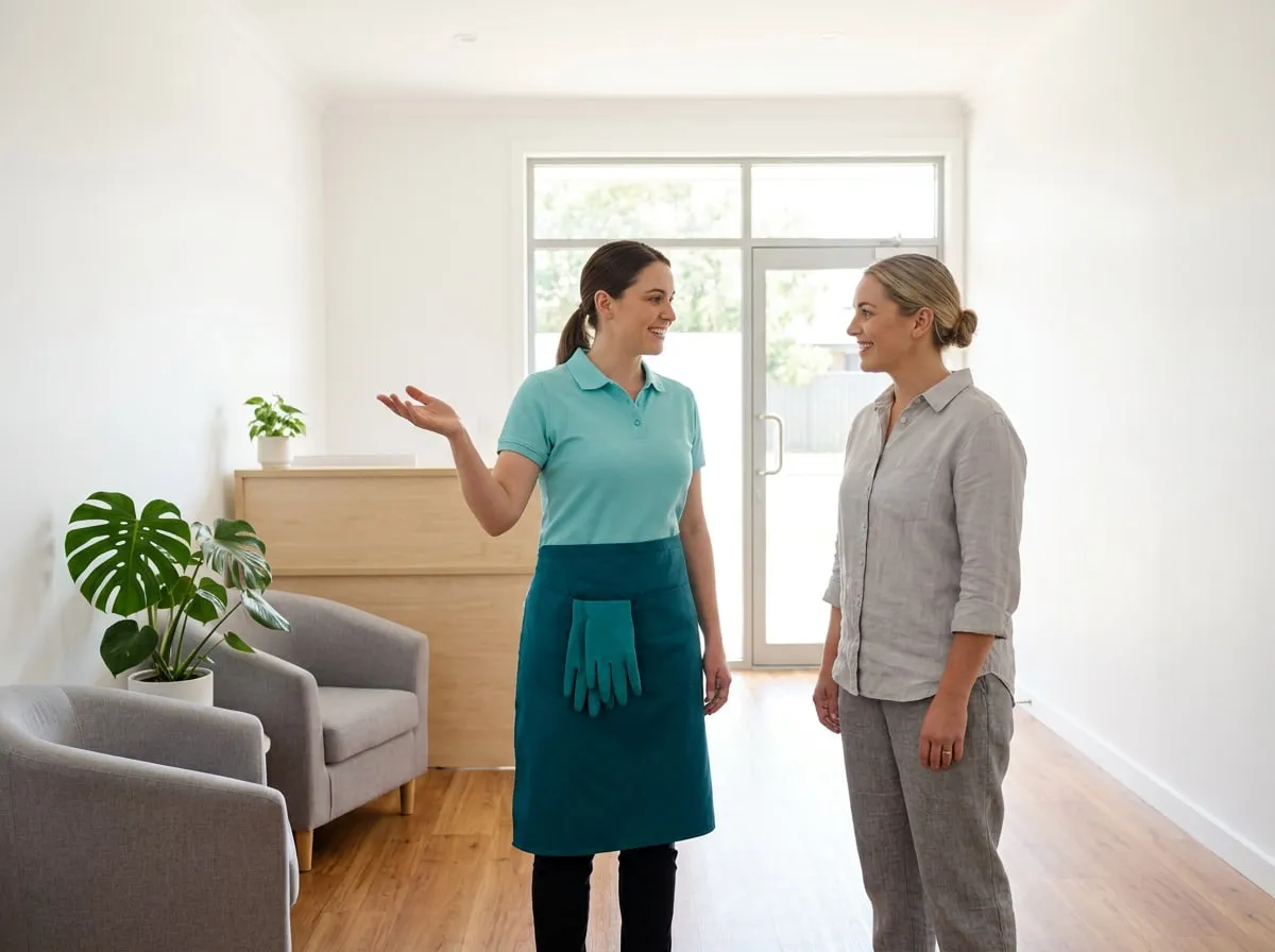 A TLB cleaner and an office manager talking through the job in an office reception area