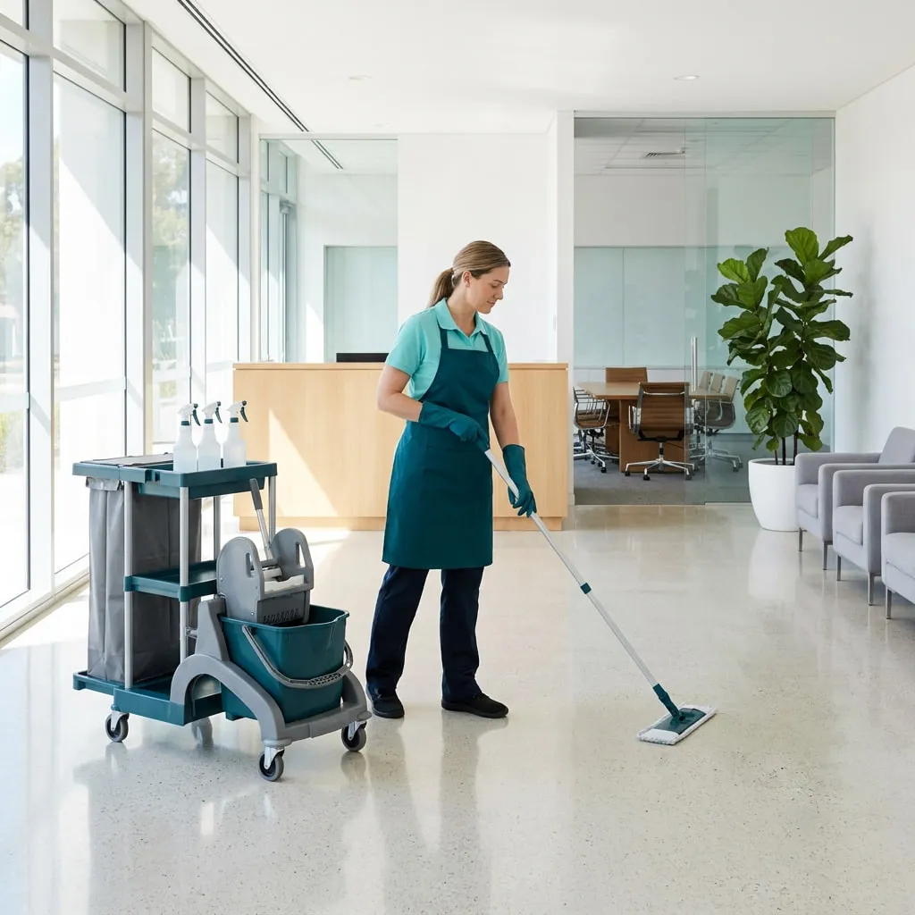 TLB Cleaning cleaner mopping the polished floor of a bright office foyer, with a commercial cleaning trolley beside her and a boardroom behind glass
