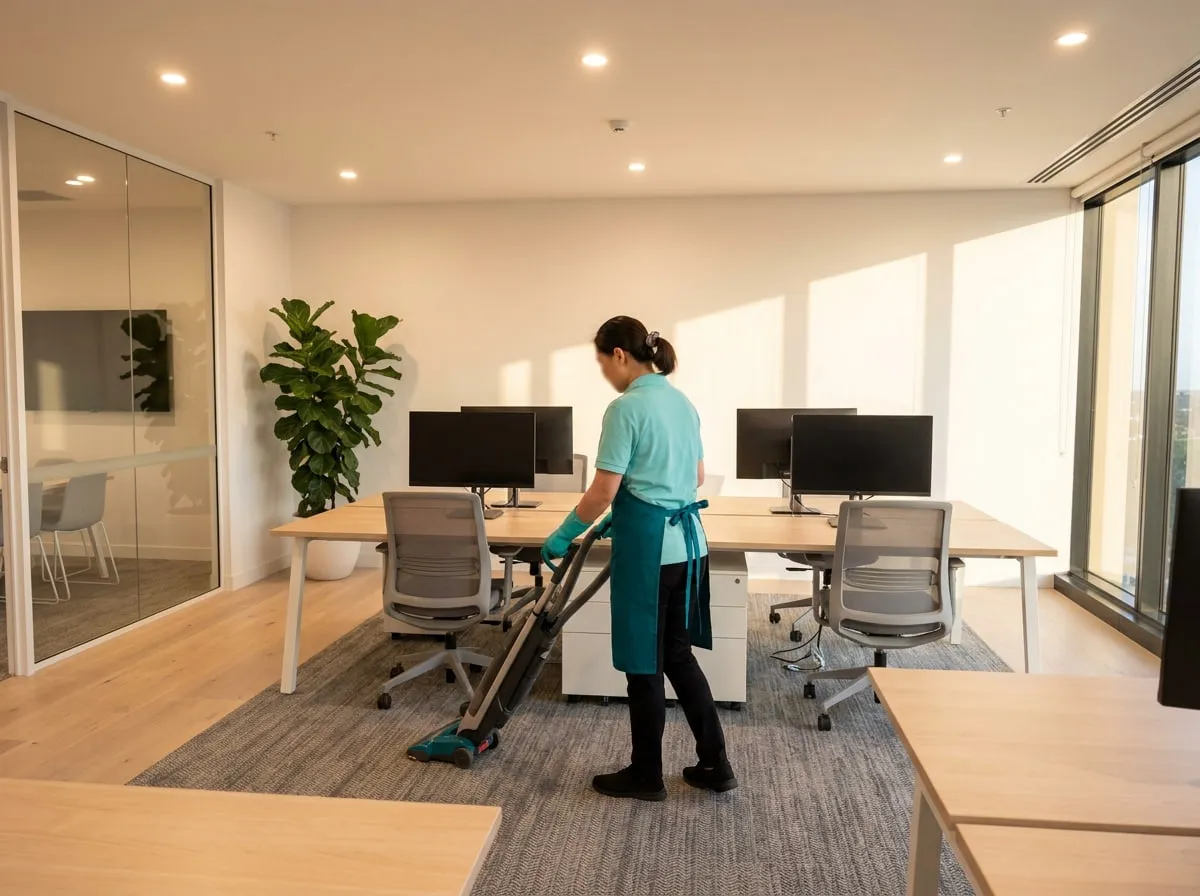 TLB cleaner vacuuming between the desks of a small open-plan office