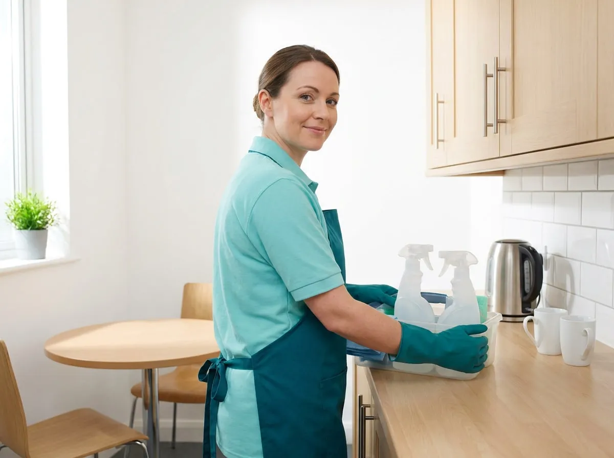 TLB cleaner in uniform with her cleaning caddy in an office kitchenette