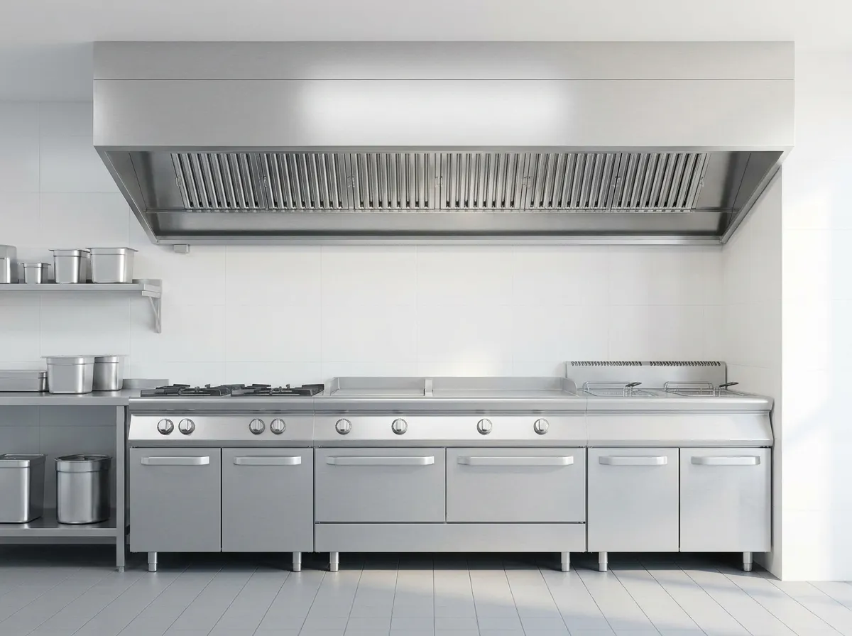 A clean stainless steel commercial kitchen extraction canopy with its baffle filters seated back in place