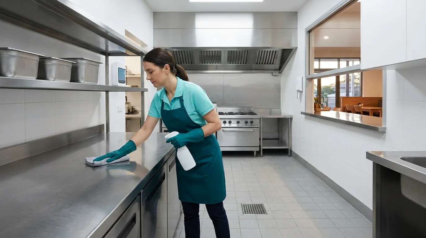 A cleaner degreasing a long stainless steel preparation bench in a bright commercial kitchen after service
