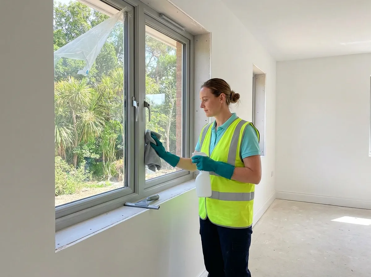 A cleaner in a high-visibility vest detailing plaster dust off a new aluminium window frame in an unfurnished new build