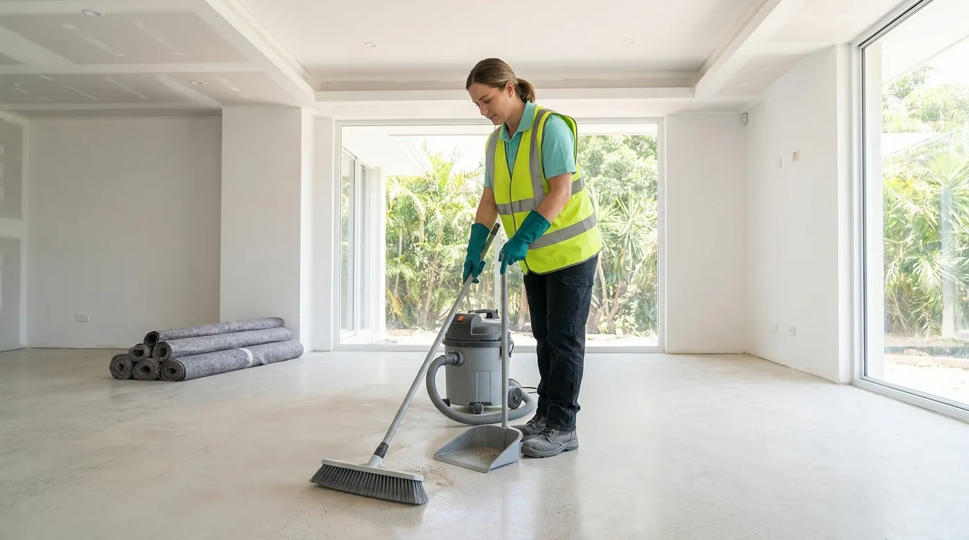 A cleaner in a high-visibility vest sweeping fine dust from the concrete floor of a newly finished, unfurnished interior