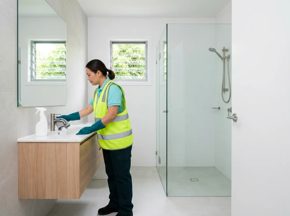 A cleaner in a high-visibility vest polishing the brushed-metal tapware of a brand new bathroom during a final detail clean