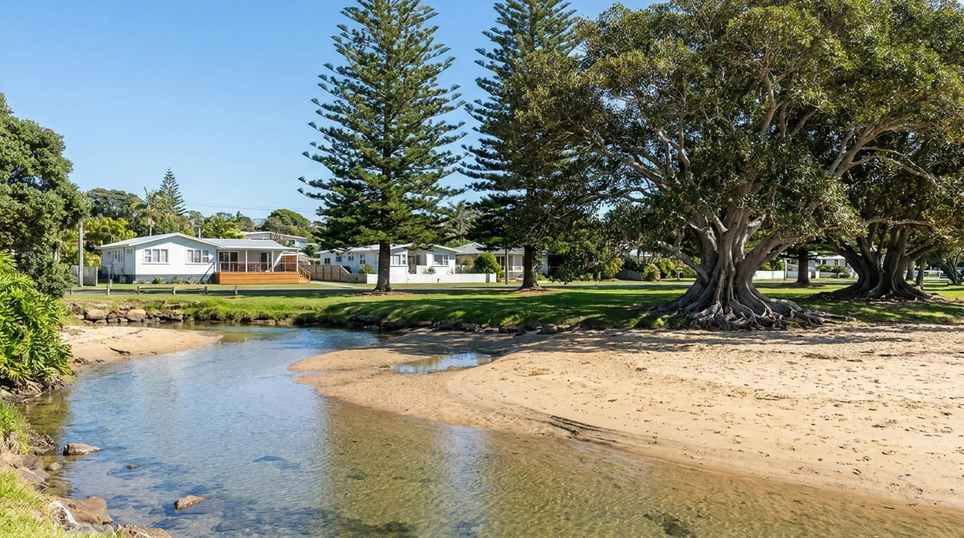 A tidal creek meeting a wide beach beside a grassy park of big shade trees
