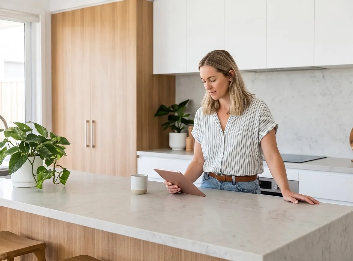 A homeowner comparing cleaning options against a checklist on a tablet at a kitchen bench