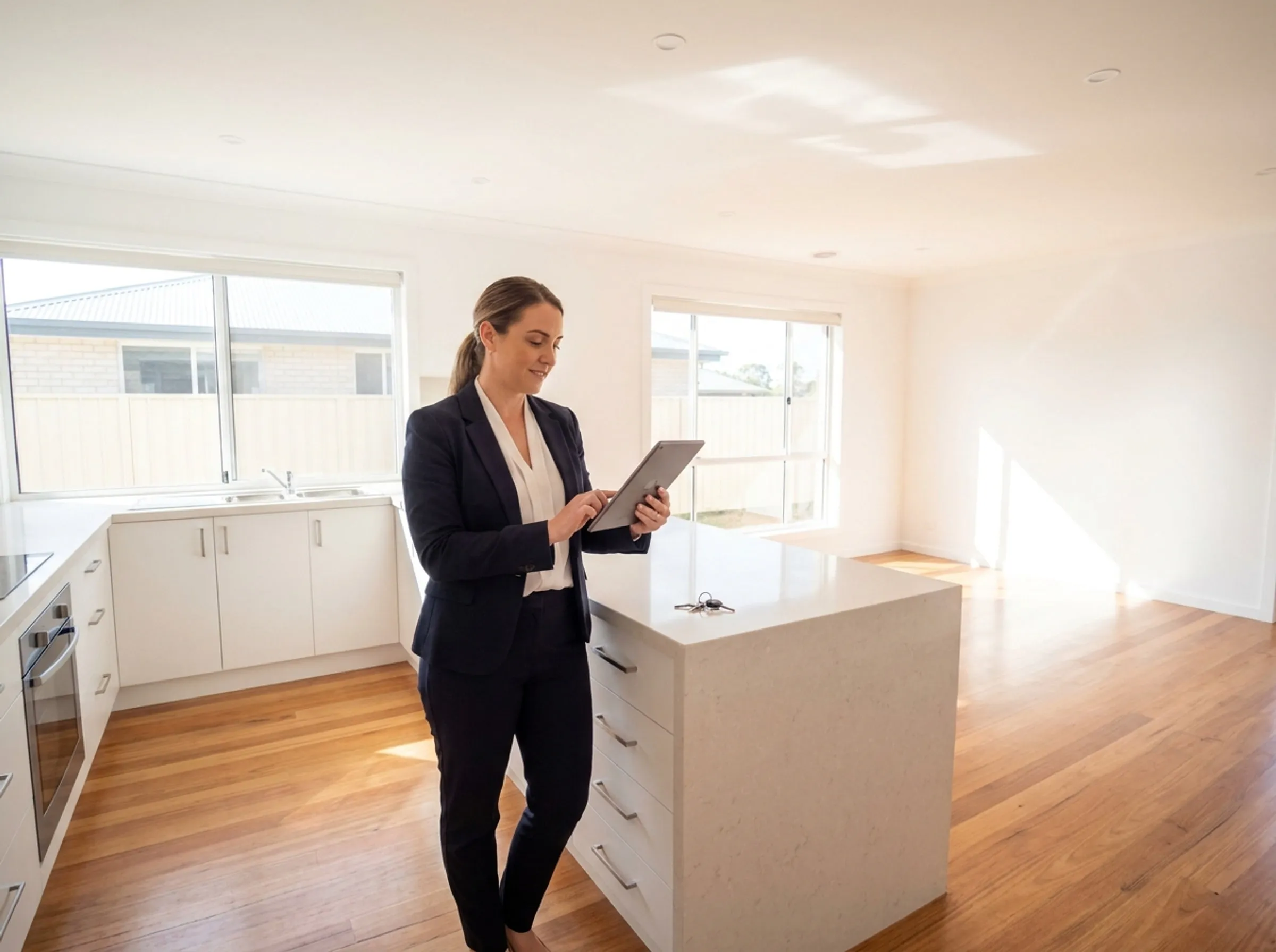 A property manager reviewing a vacant handover in an empty rental kitchen, keys on the benchtop