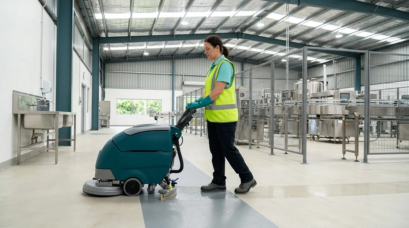 A cleaner in a high-visibility vest scrubbing a marked pedestrian walkway on a bright factory production floor with the line shut down