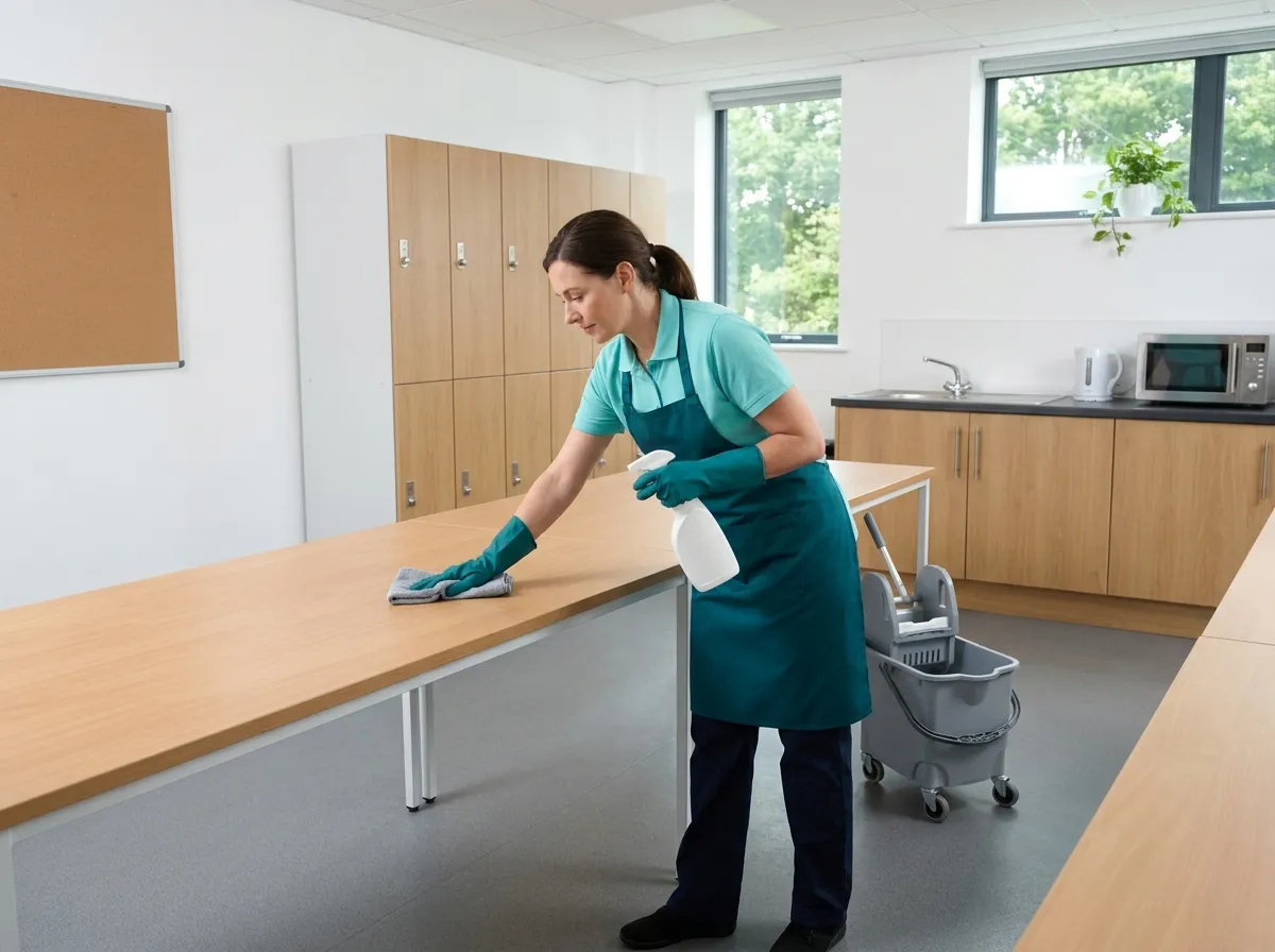 A cleaner wiping down the table of a clean, empty factory crib room, kitchenette and lockers behind her, ready for the next shift