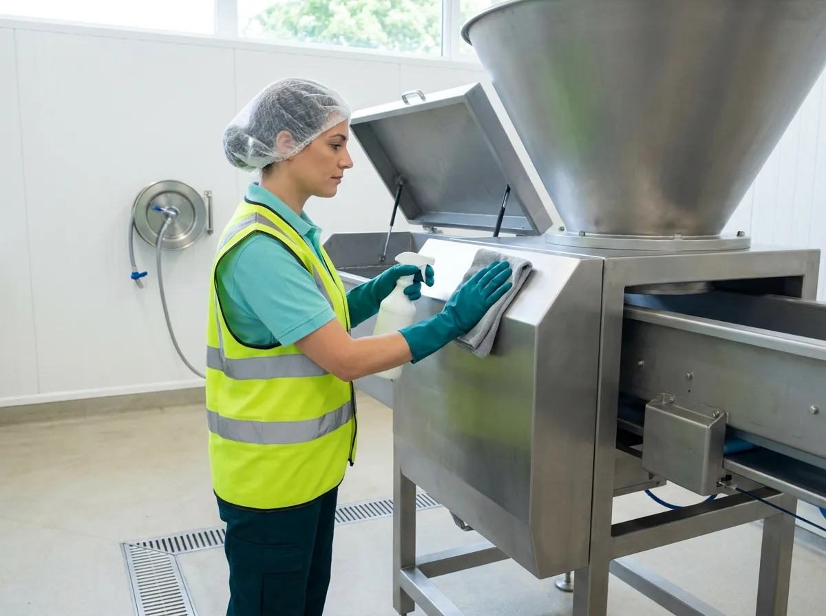 A cleaner in a high-visibility vest and hair net wiping down the stainless steel housing of a food-production conveyor during a shutdown wash-down