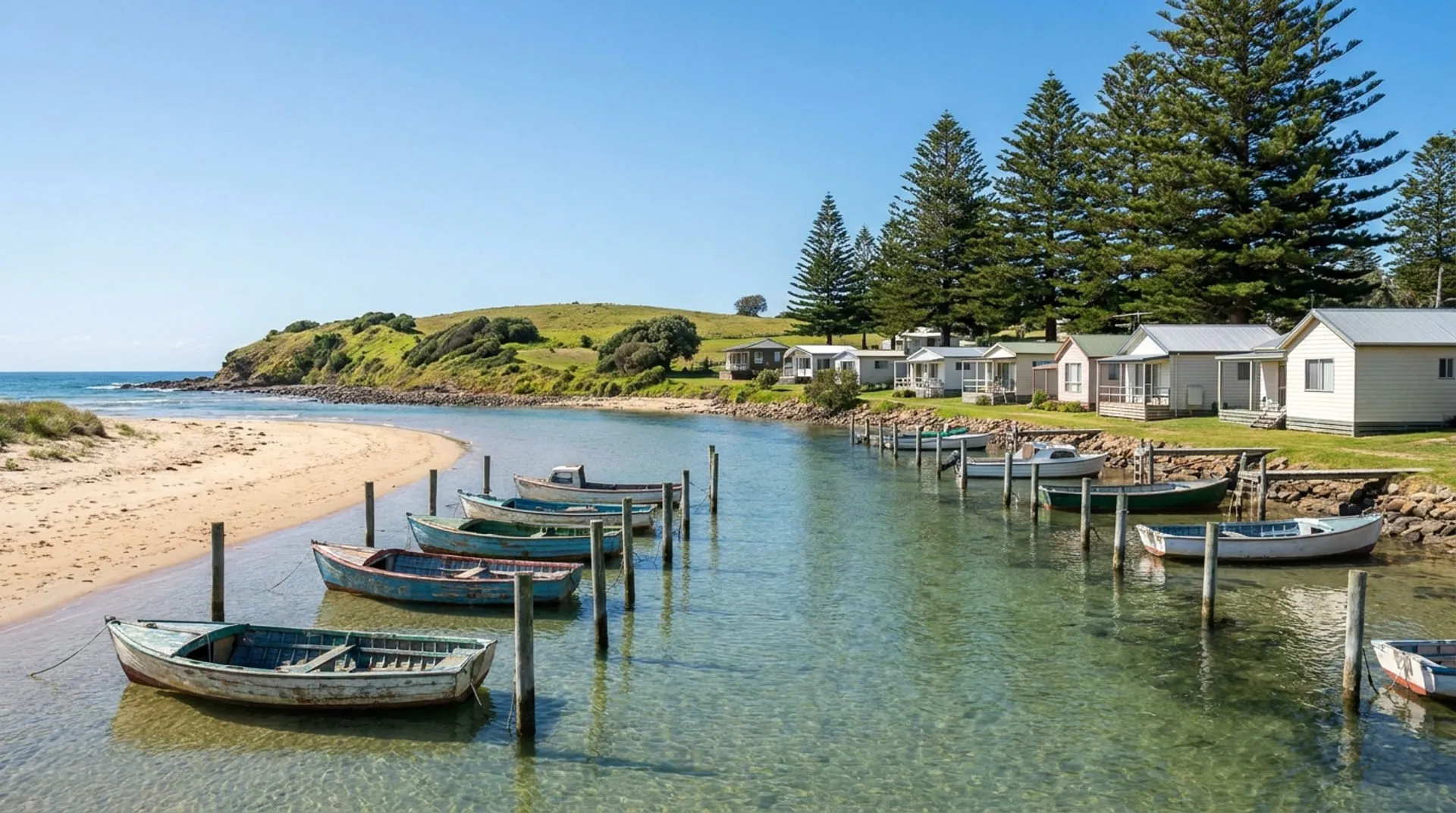 Small fishing boats moored at a river mouth beside a low green headland