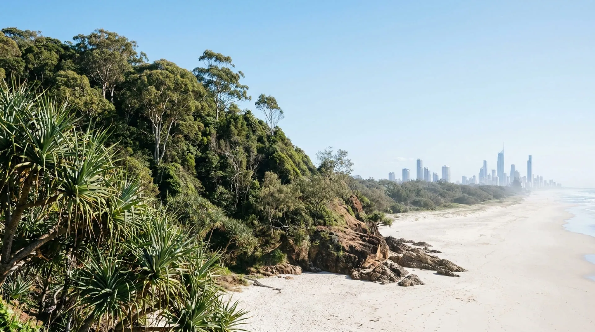 A forested headland point above a long sand beach, distant towers hazy on the horizon