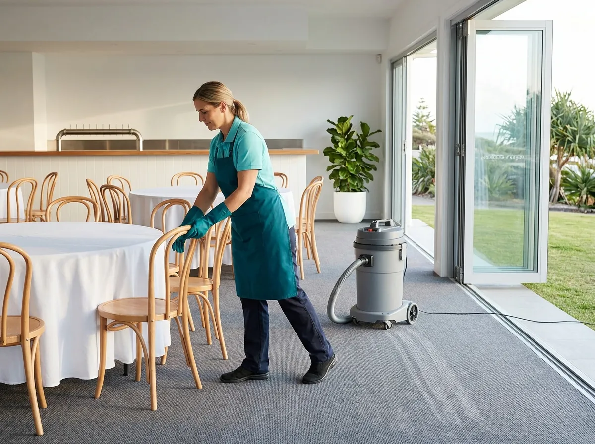 A cleaner setting the last chair straight in a bright function room reset after an event, the carpet freshly vacuumed