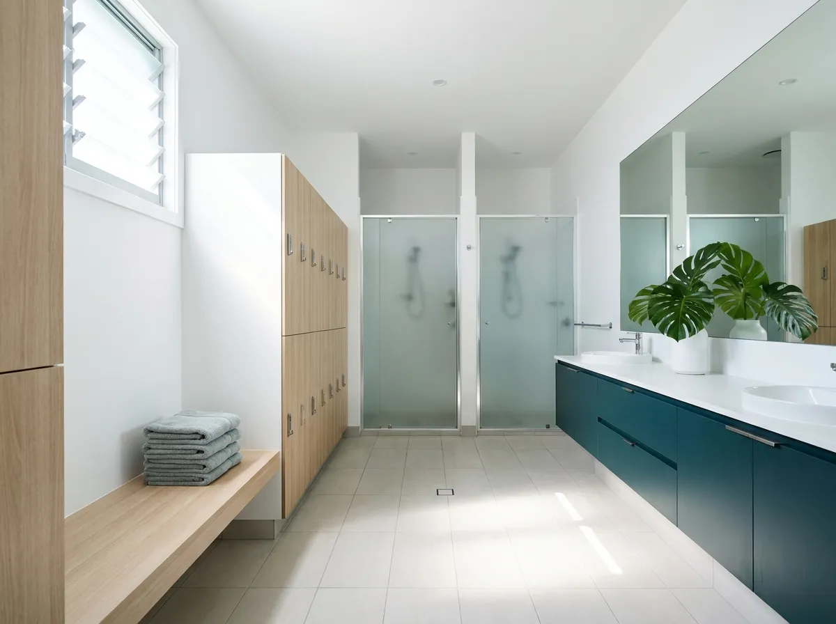A clean, empty change room in a modern fitness studio, lockers and bench dry and finished with the showers behind