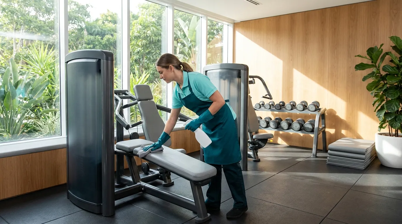 A cleaner wiping down the padded bench of a strength machine in a bright, modern fitness studio